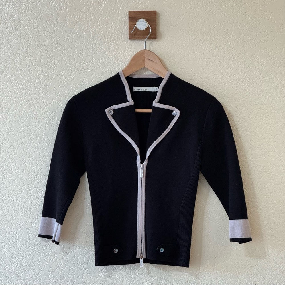 Karen Millen Black and White Knitted Zip-Up Cardigan Size 2